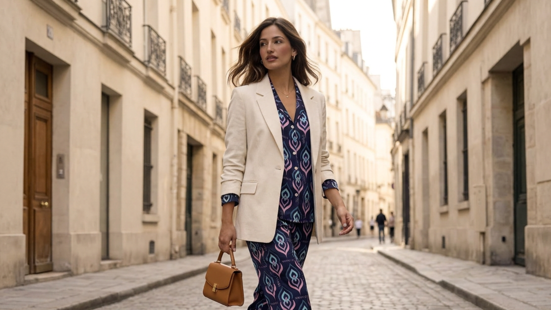 Woman walking down a street in a patterned outfit with a beige blazer.